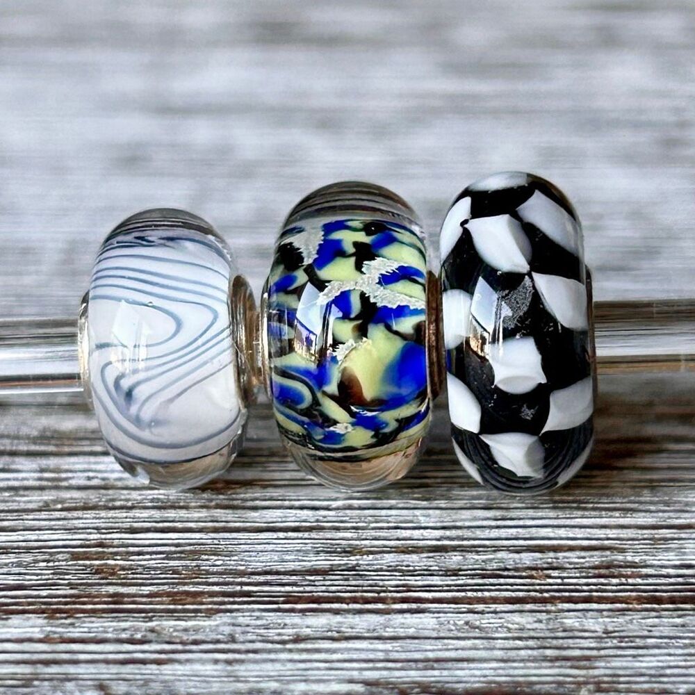 TROLLBEADS Lot of 3 Black White Blue Yellow LAA 925S Chess & 2 Uniques